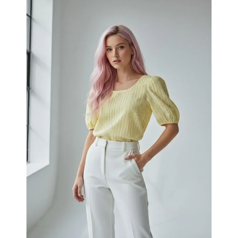 LOFT Butter Yellow Eyelet Cutout Back Bubble Sleeve Top Blouse Small